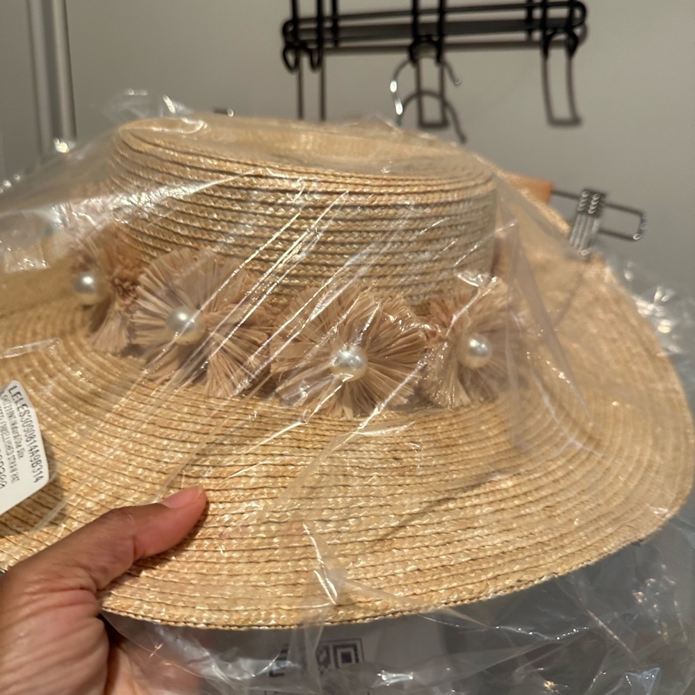 Lele Sadoughi Tan Straw Hat with Pearl Accents